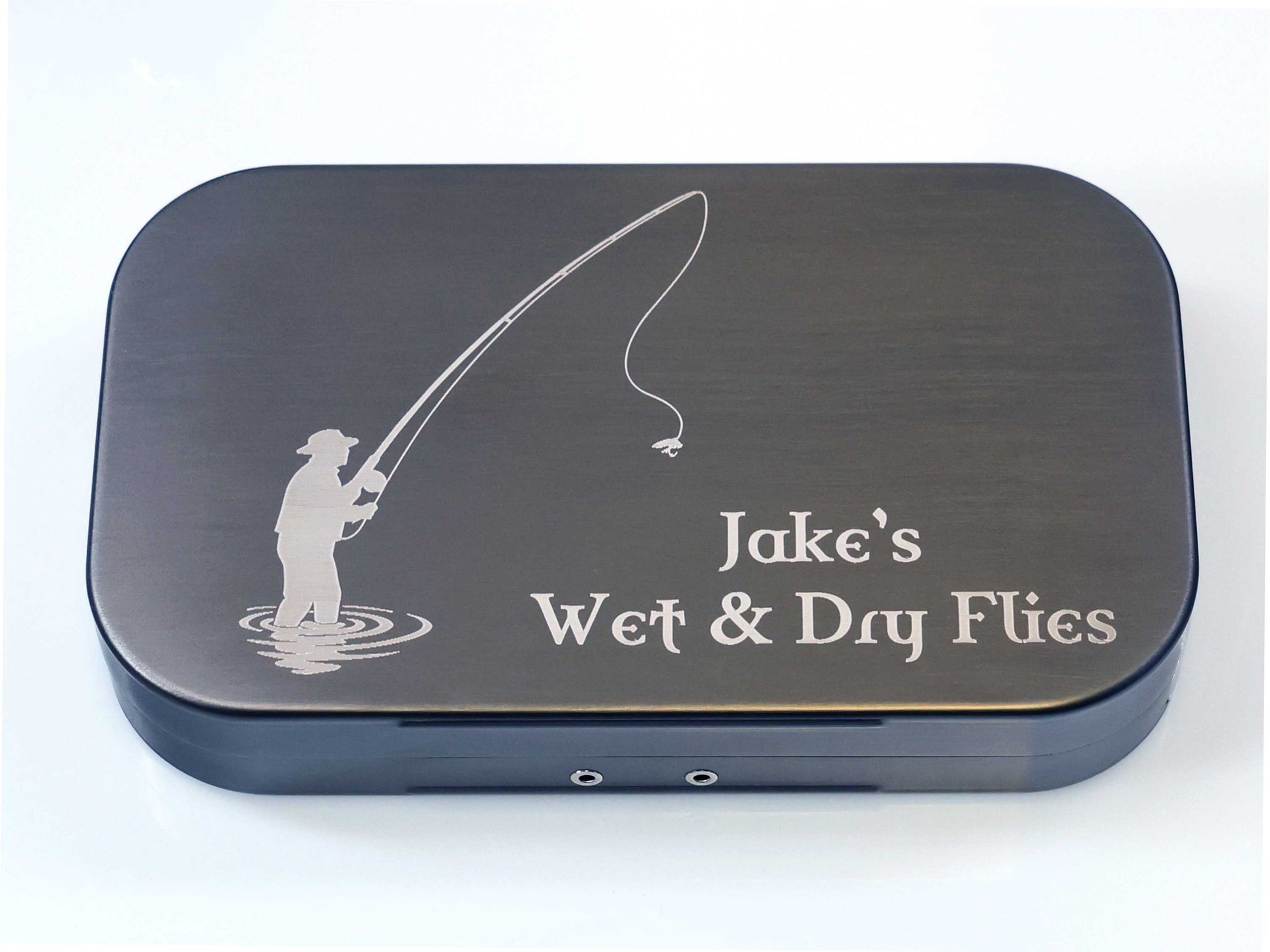 The Personalised Grey Aluminium Fly Box for Dry & Wet Flies by Cathcart Elliot is an engraved fishing gift—ideal as a thoughtful present for fishing enthusiasts.