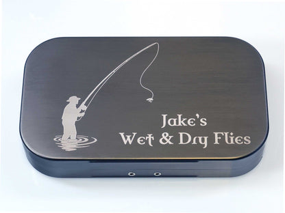 The Personalised Grey Aluminium Fly Box for Dry & Wet Flies by Cathcart Elliot is an engraved fishing gift—ideal as a thoughtful present for fishing enthusiasts.