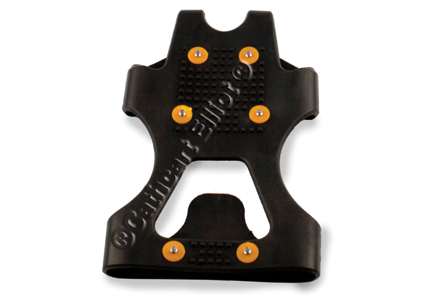 Cathcart Elliot Studded Ice Grippers are black plastic winter traction aids with six yellow metal studs in two rows, worn over footwear for extra grip on snow and ice. "Cathcart Elliot" is embossed diagonally on the surface.