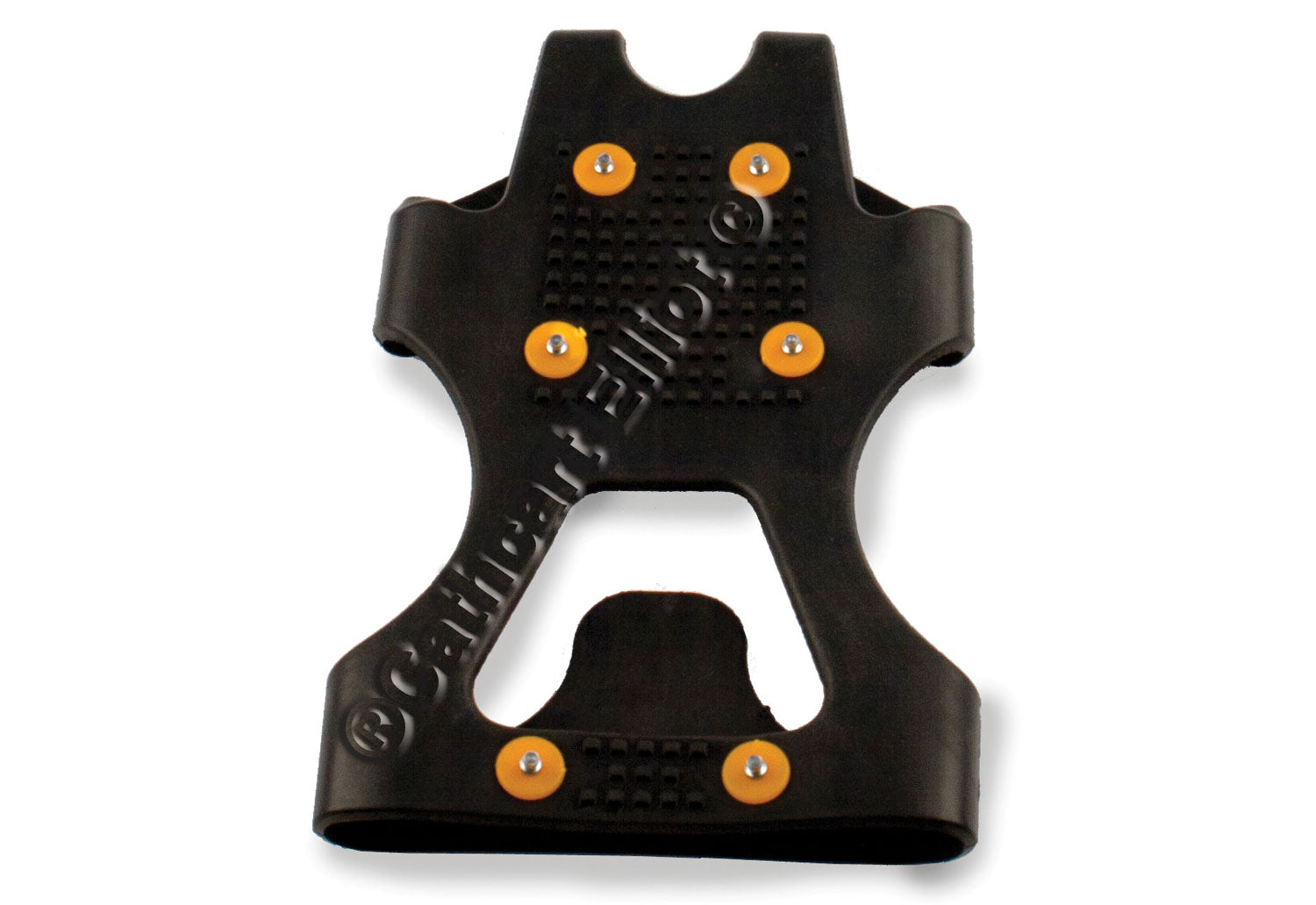 Cathcart Elliot Studded Ice Grippers are black plastic winter traction aids with six yellow metal studs in two rows, worn over footwear for extra grip on snow and ice. "Cathcart Elliot" is embossed diagonally on the surface.