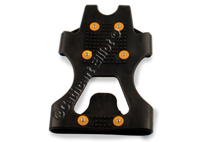 Cathcart Elliot Studded Ice Grippers are black plastic winter traction aids with six yellow metal studs in two rows, worn over footwear for extra grip on snow and ice. "Cathcart Elliot" is embossed diagonally on the surface.