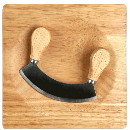A Cathcart Elliot Personalised mezzaluna wooden herb chopper board features a stainless steel knife with wooden handles gracefully positioned at its center.