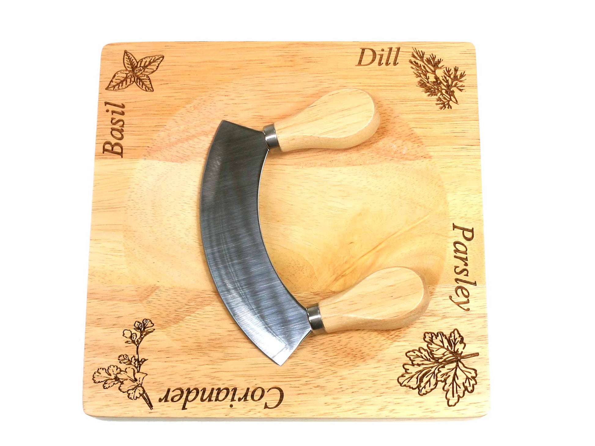 Mezzaluna wooden herb chopper board with Dill parsley coriander and ba ...