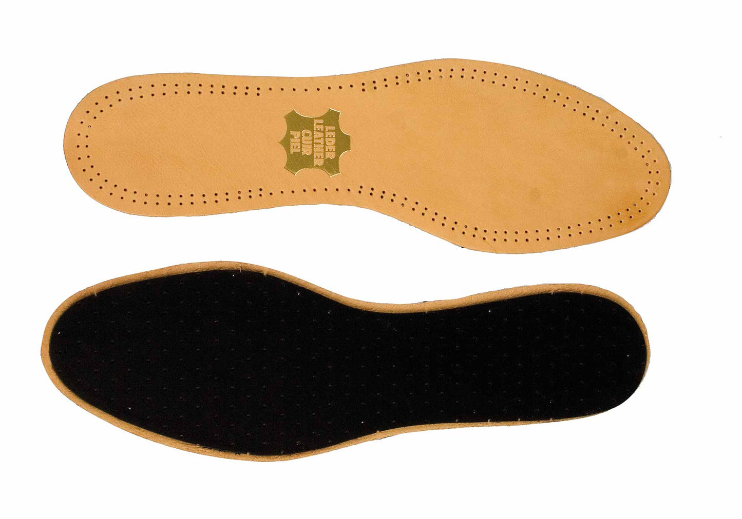 The Collonil Solos Leather Carbon Full Length Insoles feature a genuine leather tan top with small perforations, a green label, and a black bottom, providing moisture-absorbent comfort and premium quality.
