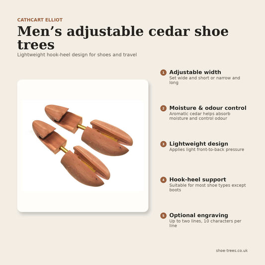 Two Cathcart Elliot Mens Cedar Wood Adjustable Width Split-toe Hook-Heel Shoe Trees UK are shown separated into parts, with text highlighting features such as adjustable width, odour control, lightweight design, shoe support, and optional engraving. The background is beige with brown accents.