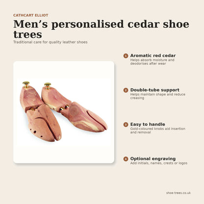 Cathcart Elliot Men’s Personalised Cedar Shoe Trees, shown with gold-colored knobs on a beige background, are expertly crafted from aromatic cedar wood. These wooden double tube shoe trees are designed for optimal leather shoe care, easy handling, and can be optionally engraved.