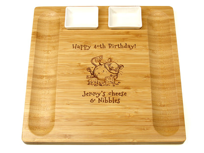 Personalised large 33cm x 33cm bamboo Cheeseboard and platter server board with 2 dishes by Cathcart Elliot