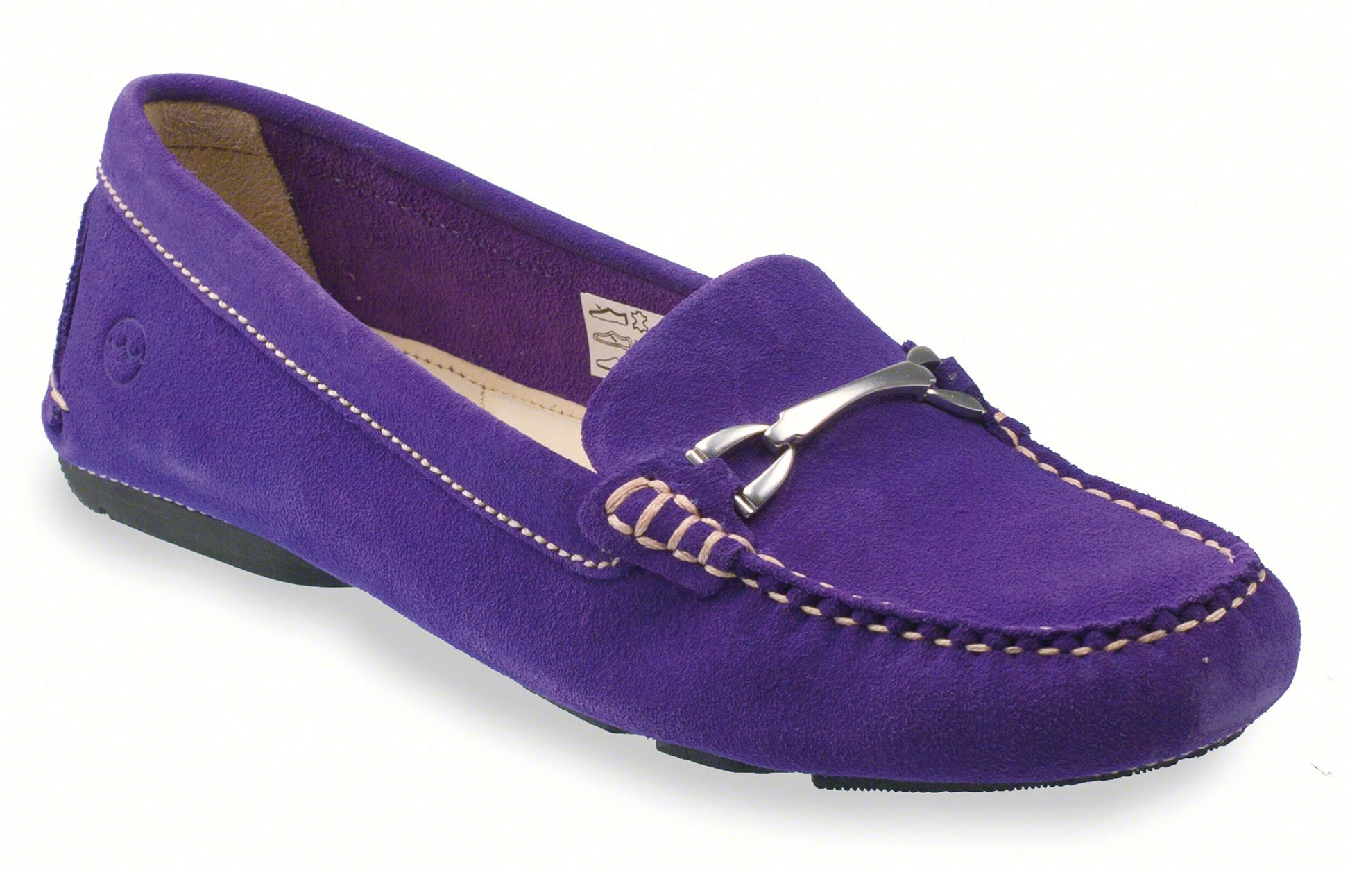 The SALE SORRENTO Ladies Size 40 Loafer by Orca Bay showcases a chic violet purple suede design with decorative stitching and a silver buckle. It features a low heel, rubber sole for comfort, and an embossed side logo for elegance.