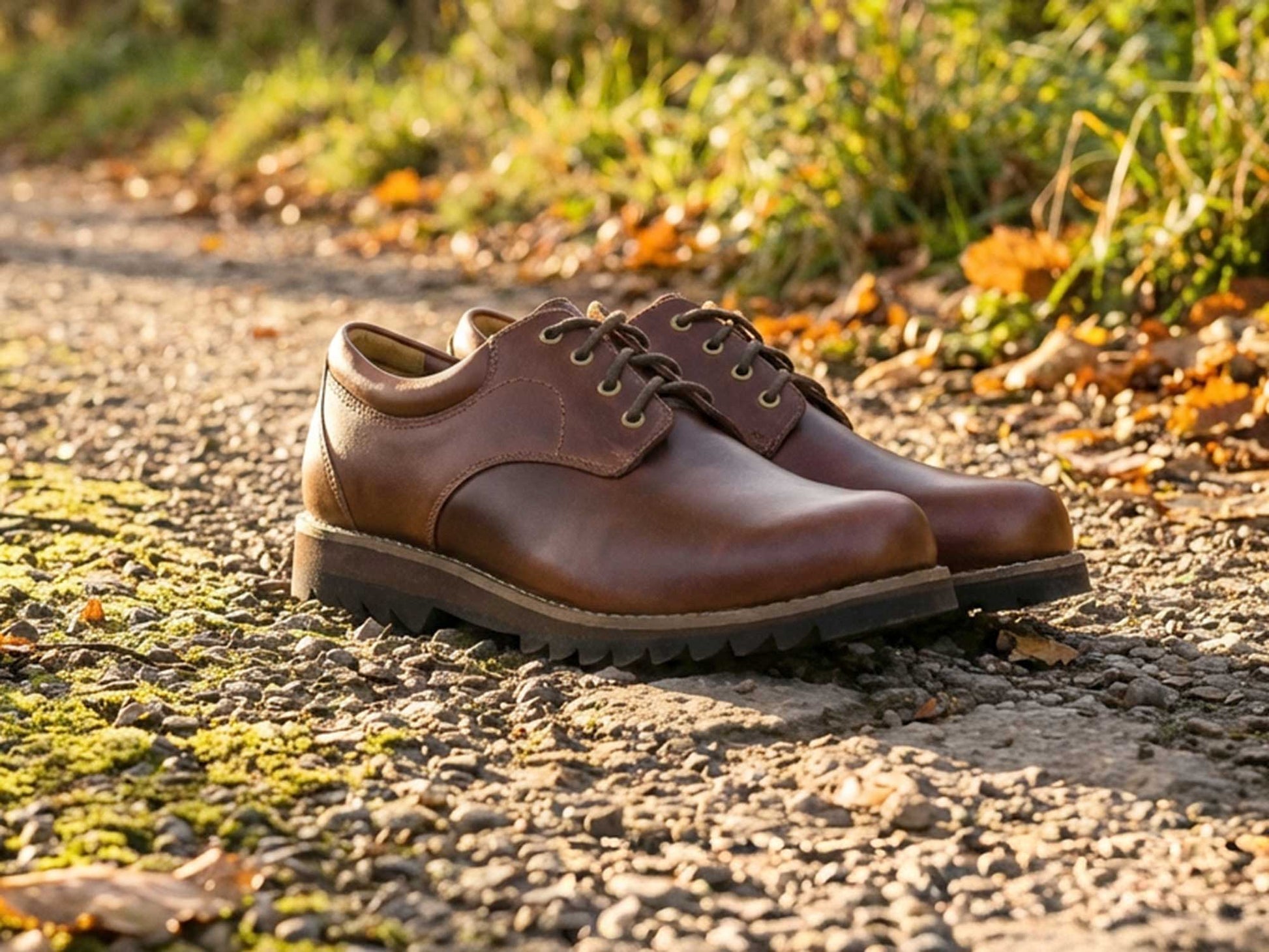 The Orca Bay Bilbury Men's Elk Pull-Up Derby with Rubber Sole is positioned on a sunlit gravel path, bordered by grass and scattered leaves.