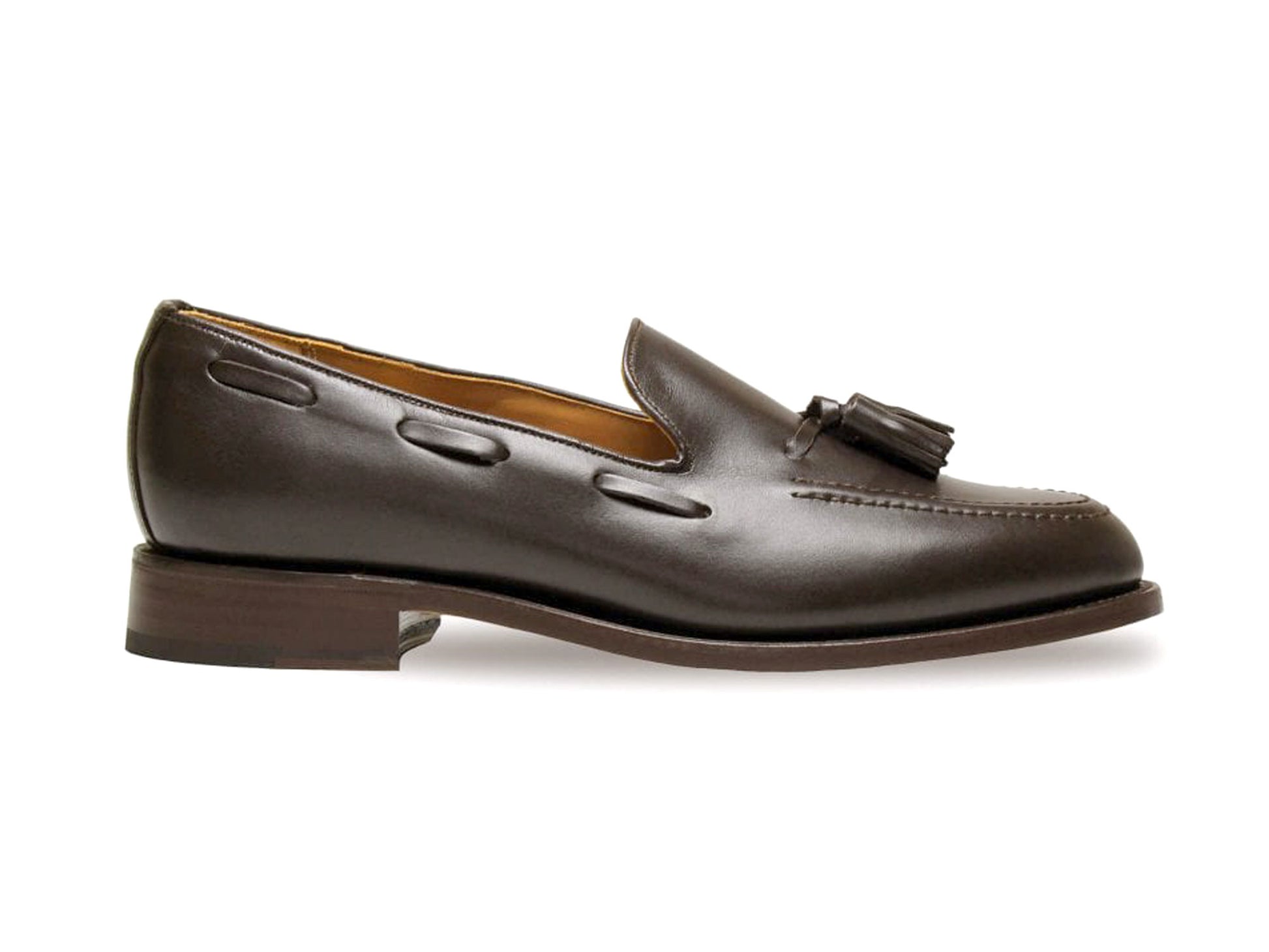 The Sanders FINCHLEY Mens Dark Brown Calf Tassel Loafer features decorative stitching and tassels on a sleek design with a polished finish and low heel. Its Goodyear welted construction ensures both style and durability, embodying exceptional craftsmanship.