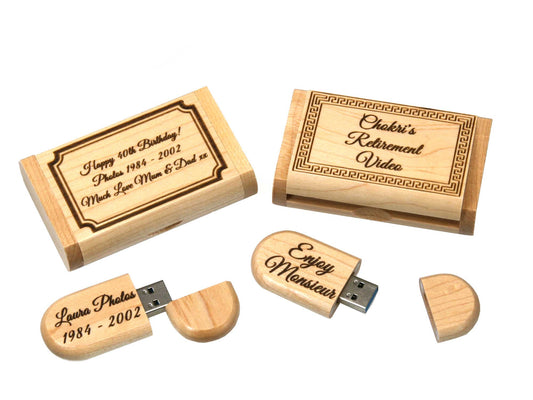 Gift two Cathcart Elliot Personalised Maple wood USB 3.0 32GB flash drives in presentation boxes, each engraved with messages like "Laura Photos 1984-2002" or "Sheila’s Retirement Video"—a thoughtful way to share lasting memories.