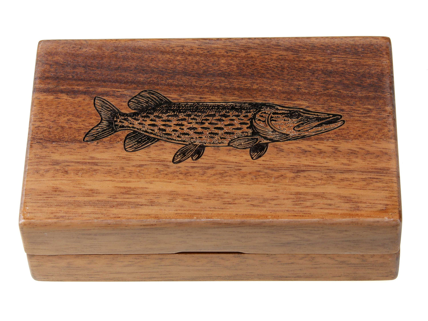 Personalised Pocket Sized Walnut Fishing Fly Box Open Flat 14x9cm