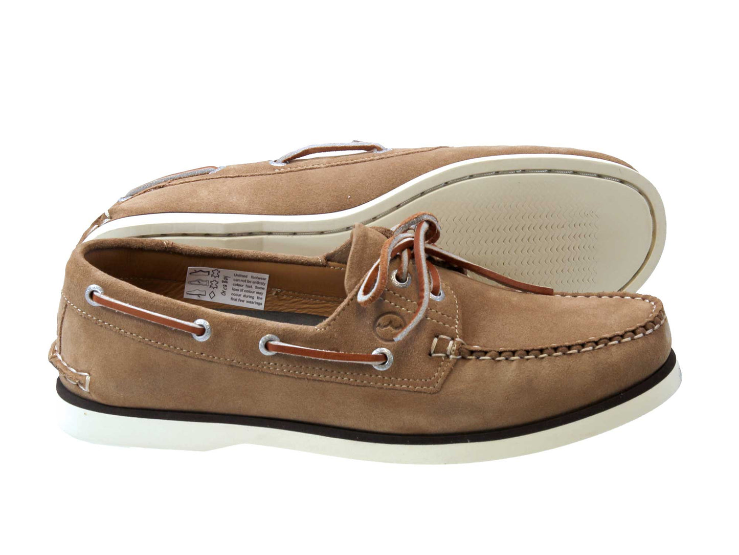 A pair of PORTLAND Taupe Suede Boat Shoes by Orca Bay featuring white soles, brown leather laces, and stitch details. One shoe lies flat, the other is tilted to showcase the sole design.