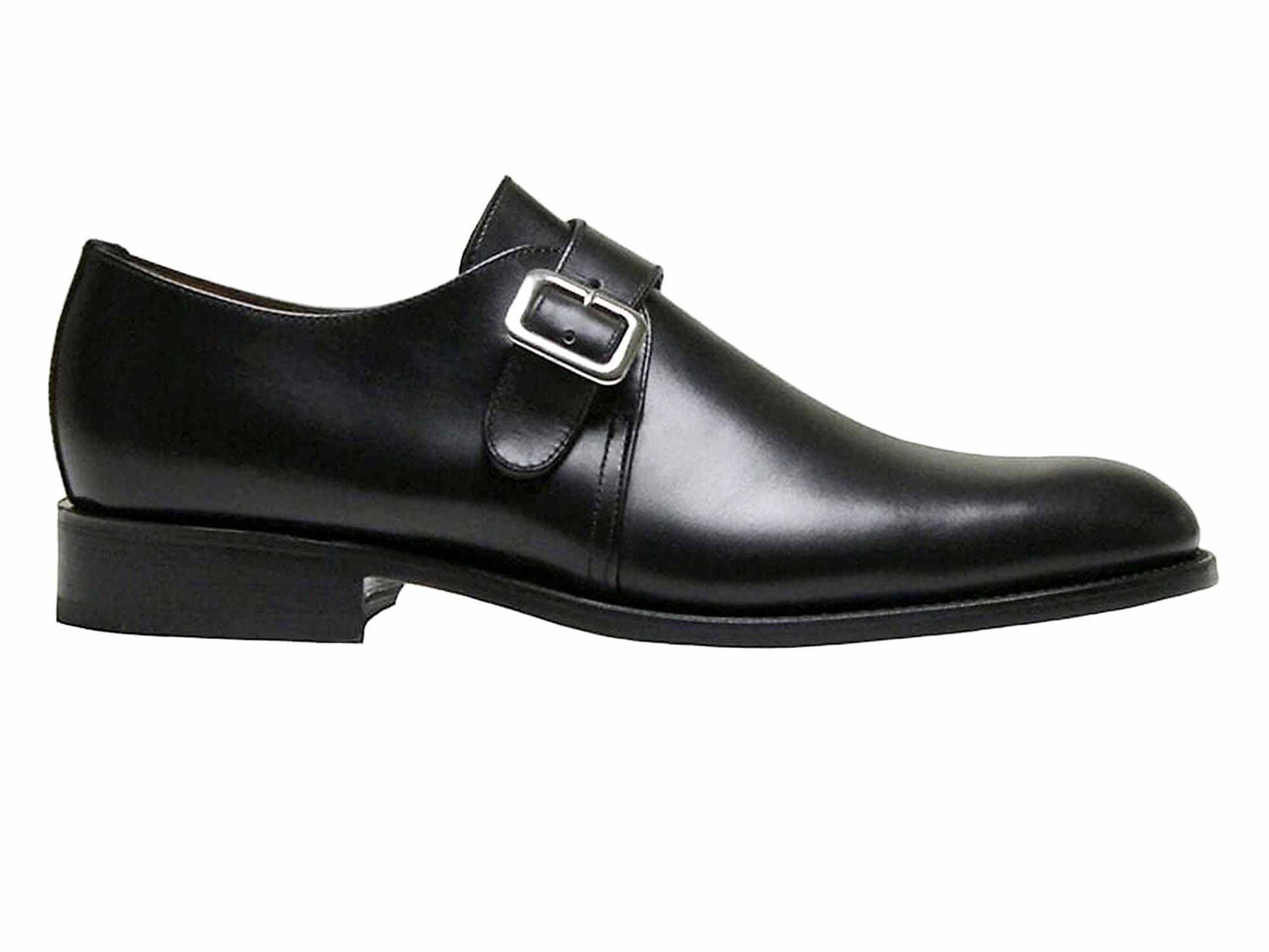 The Sanders Rome Black Leather Monk Strap Shoe – Goodyear Welted features a single silver buckle, low heel, and polished finish. Made in England by Sanders, it's from the Diplomats collection and shown side profile on a white background.