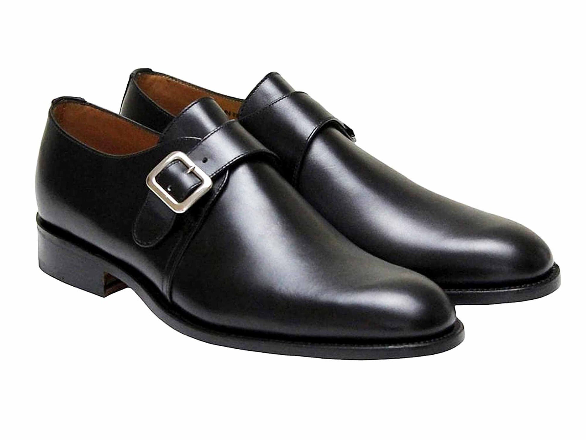 A pair of Sanders Rome Black Leather Monk Strap Shoes – Goodyear Welted, featuring a classic monk strap with silver side buckles, shown on a white background.