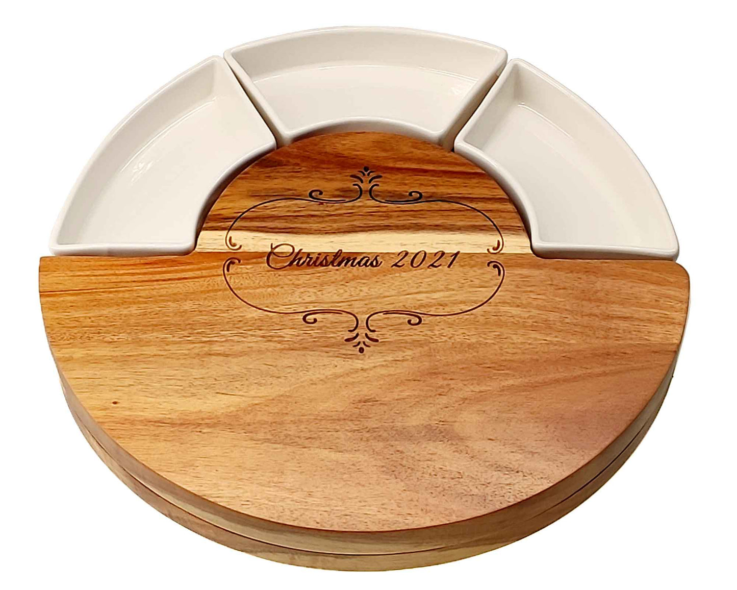 Personalised 30cm Round Acacia Cheeseboard and Meat Platter with Dishes