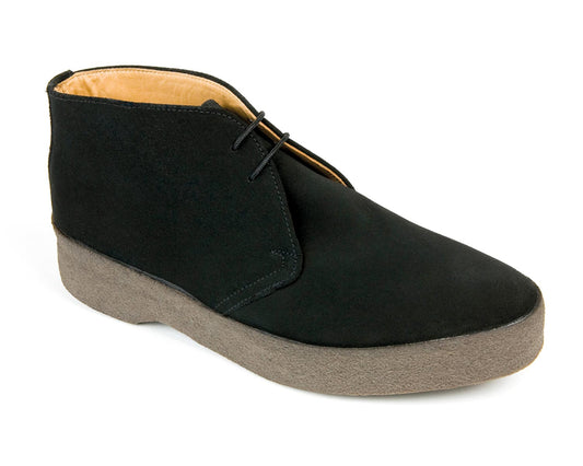 The HI TOP Mens Black Suede Chukka Boot by Sanders boasts a brown crepe sole and slightly angled laces. With its light tan interior lining and thick sole, it offers a casual yet stylish look reminiscent of classic Bond style.