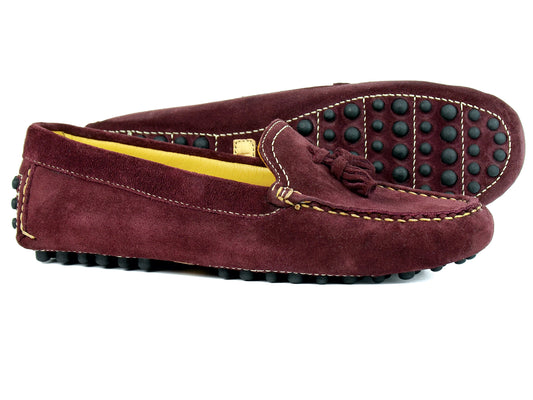 Orca Bay presents the SALE SALCOMBE Ladies Burgundy Suede Driving Loafer with Tassels, featuring a leather lining, black rubber sole grips, and beige stitching for style and functionality.