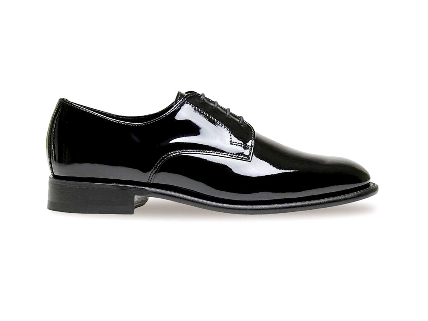 The Sanders Royale Patent Leather Dress Shoe by Sanders is a single black Goodyear welted dress shoe with a low heel and Plain Gibson lace-up design, shown in side profile against a white background.