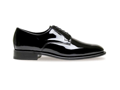 The Sanders Royale Patent Leather Dress Shoe by Sanders is a single black Goodyear welted dress shoe with a low heel and Plain Gibson lace-up design, shown in side profile against a white background.