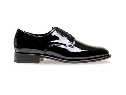 The Sanders Royale Patent Leather Dress Shoe by Sanders is a single black Goodyear welted dress shoe with a low heel and Plain Gibson lace-up design, shown in side profile against a white background.