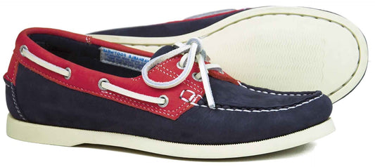 The Orca Bay SANDUSKY Mens Deck Shoe in Indigo and Berry features a non-slip, sturdy sole perfect for boating. It boasts red accents, white laces and stitching, with one shoe side-positioned to highlight its crisp white sole.