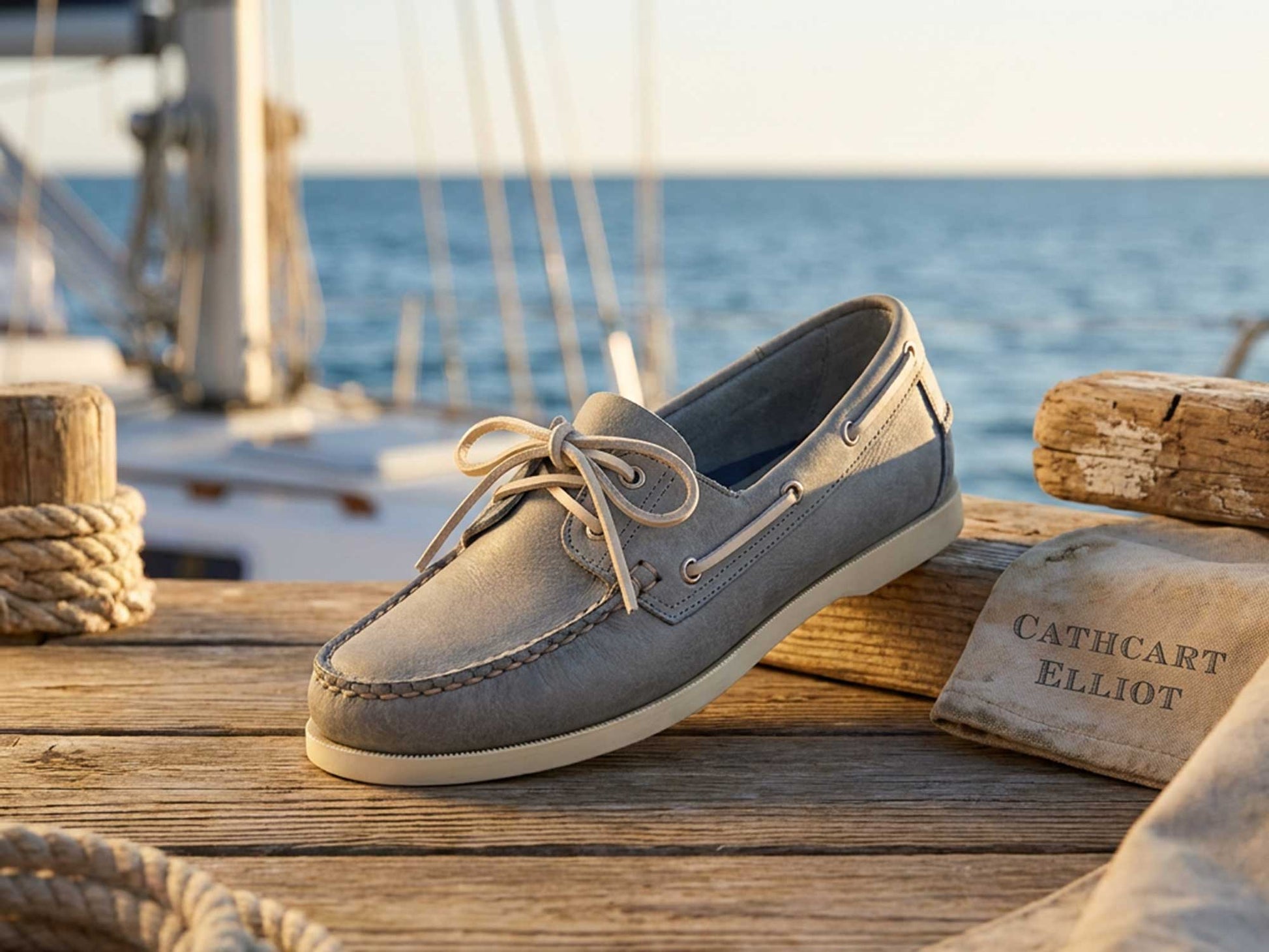 The Orca Bay Sandusky Ladies Pale Grey Nubuck Deck Shoes sit on a wooden dock by the sea, with white laces, nautical ropes, a sailboat, and a beige CATHCART ELLIOT bag in the sunlit background.