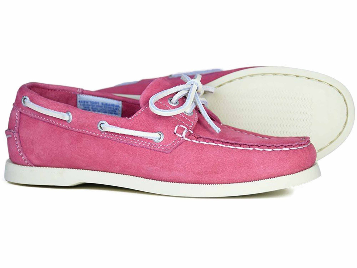 A pair of Orca Bay SANDUSKY Ladies Raspberry Pink Washable Boat Shoes with white laces, soles, and stitching features visible side eyelets. These leather sailing shoes are stylish and durable, with one shoe upright and the other on its side showing the sole.