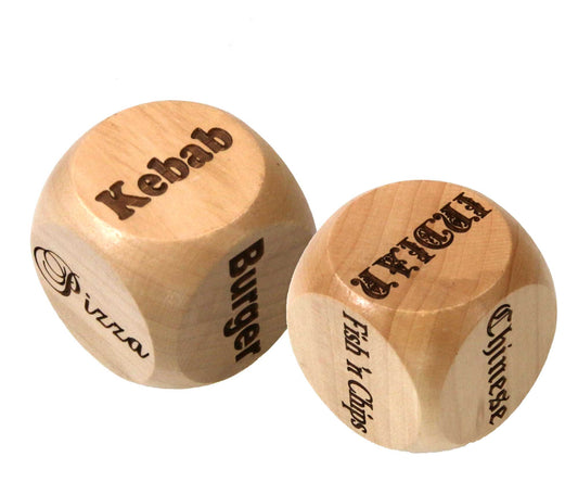 The Cathcart Elliot 50mm Engraved Beech Wood Takeaway Decision Dice add a fun twist to dinner decisions, featuring options like Kebab, Pizza, and Burger on one die, with Indian, Fish n Chips, and Chinese on the other. A perfect novelty gift for indecisive food lovers!.