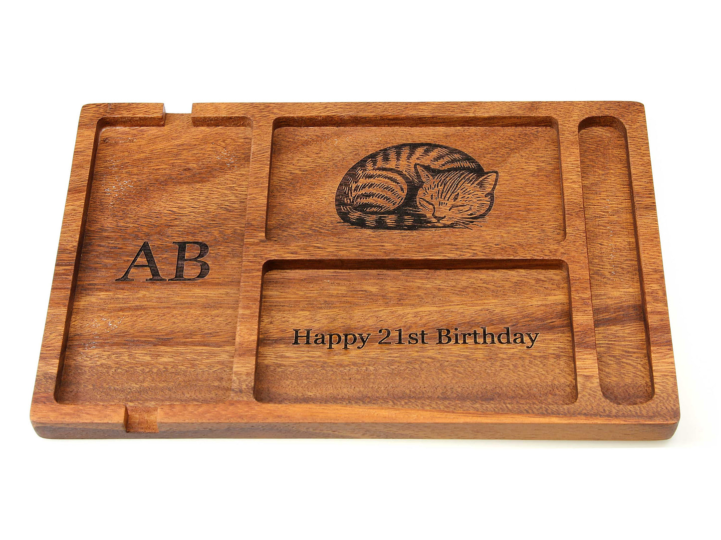 Personalised Walnut Wood Valet Tray for Men – Bedside Catchall Organiser for Phone, Wallet, Keys, Watch