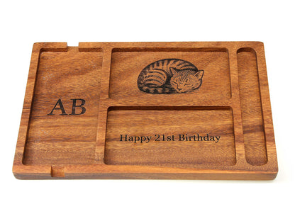 Personalised Walnut Wood Valet Tray for Men – Bedside Catchall Organiser for Phone, Wallet, Keys, Watch