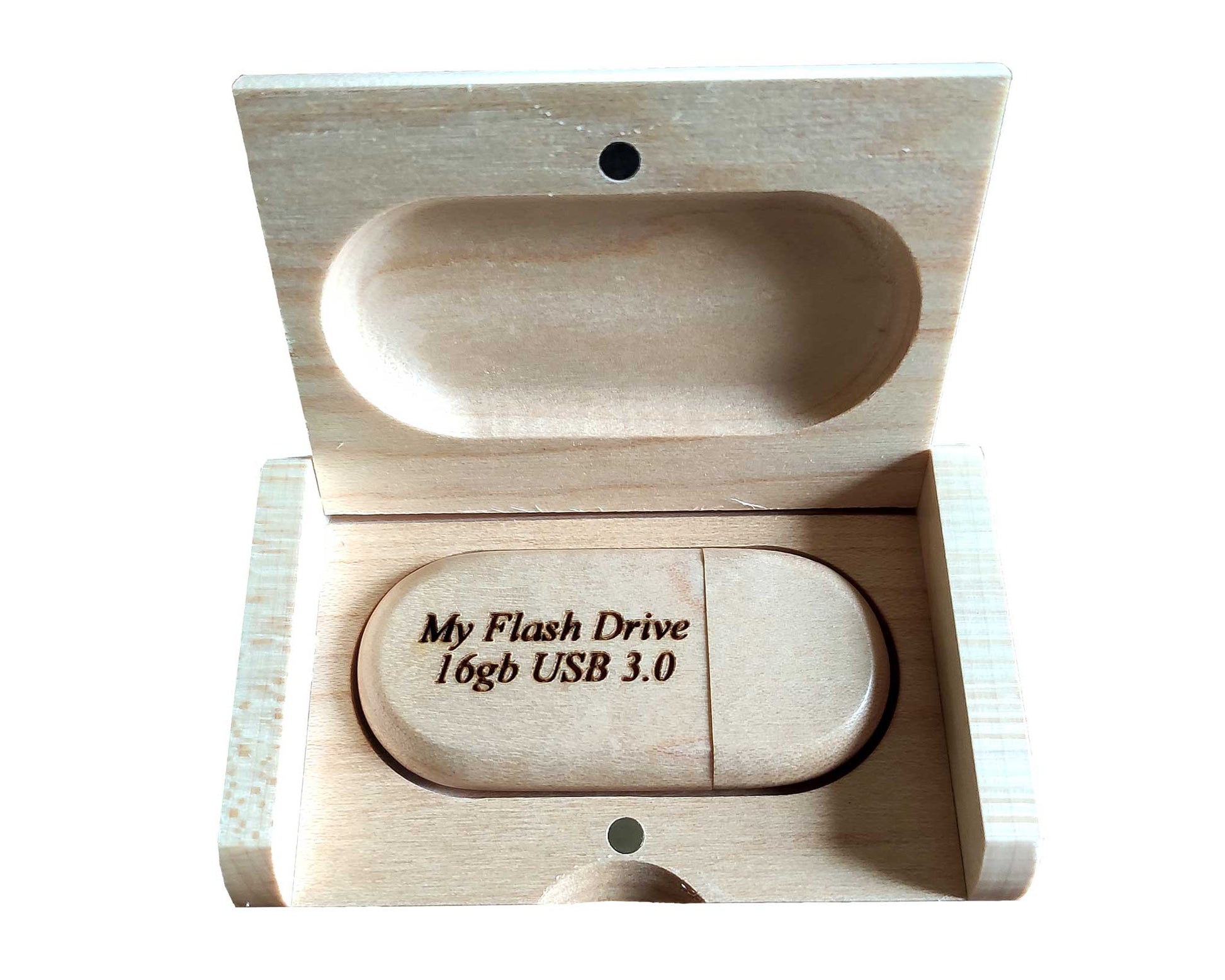A maple wood USB box by Cathcart Elliot is open, showcasing a sleek Personalised Maple wood USB 3.0 32GB flash drive. This stylish and practical presentation box highlights its advanced capacity and type for elegant data storage.