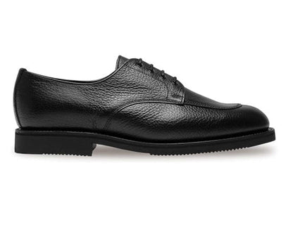 The Sanders Venice Men's Black Grain Calf Derby Shoe features a textured finish, lace-up design, and lightweight rubber sole with a low flat heel, shown from the side against a white background.