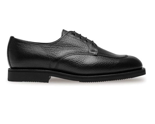 The Sanders Venice Men's Black Grain Calf Derby Shoe features a textured finish, lace-up design, and lightweight rubber sole with a low flat heel, shown from the side against a white background.