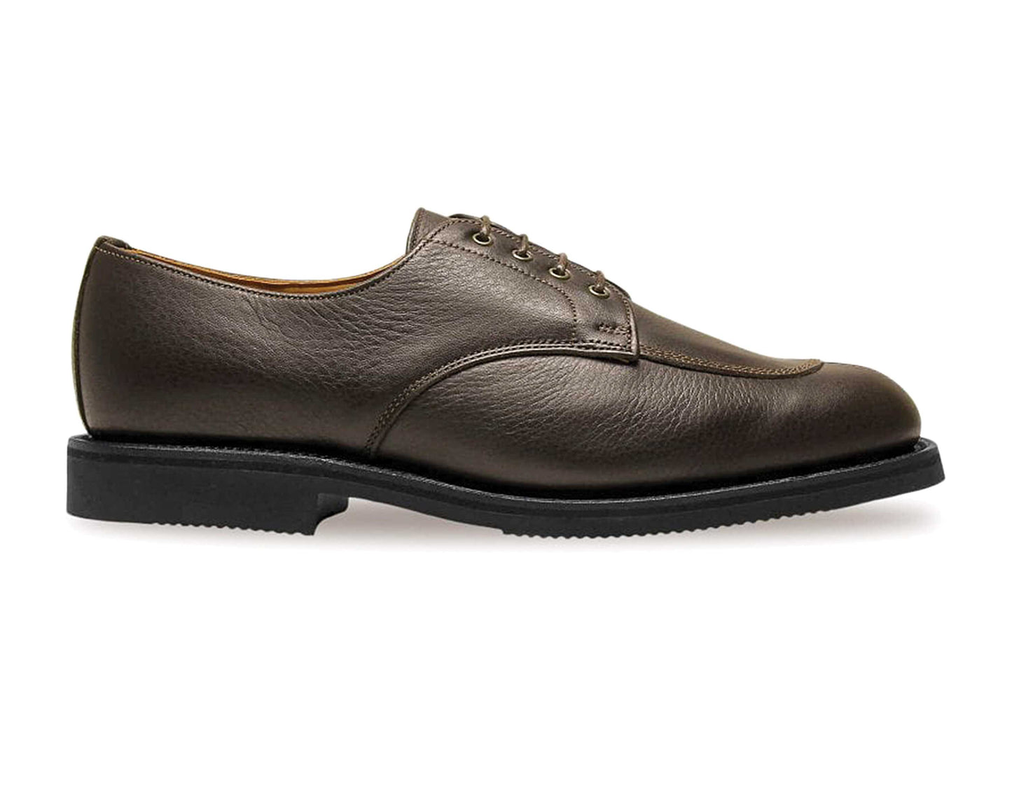 The Sanders Venice Men's Brown Grain Calf Derby Shoe features a black rubber sole, lace-up closure, and smooth rounded toe in a Goodyear welted design. Shown in side profile on a plain white background.