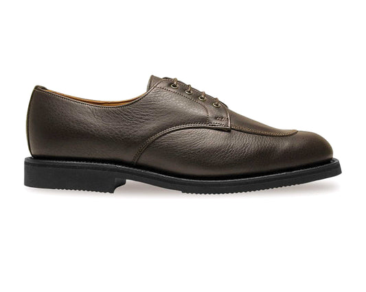 The Sanders Venice Men's Brown Grain Calf Derby Shoe features a black rubber sole, lace-up closure, and smooth rounded toe in a Goodyear welted design. Shown in side profile on a plain white background.