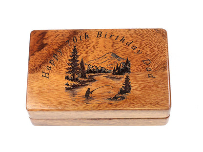 Personalised Pocket Sized Walnut Fishing Fly Box Open Flat 14x9cm
