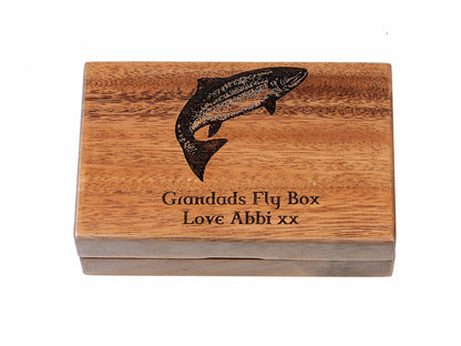 Personalised Pocket Sized Walnut Fishing Fly Box Open Flat 14x9cm