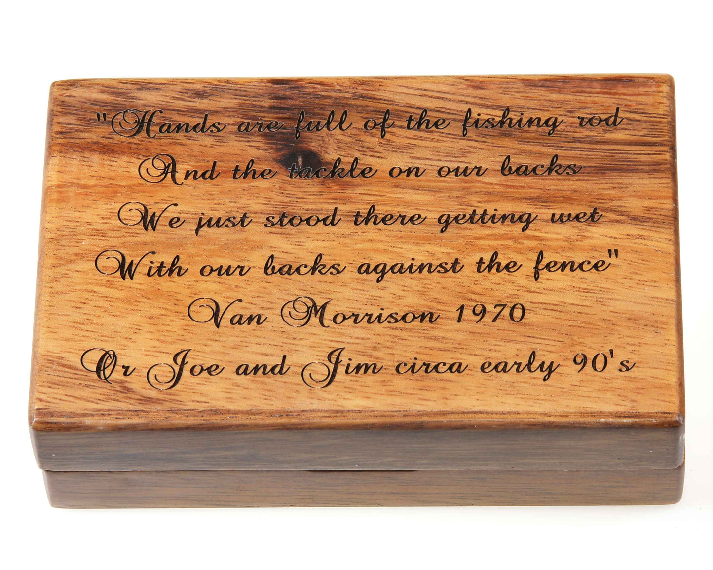 Personalised Pocket Sized Walnut Fishing Fly Box Open Flat 14x9cm