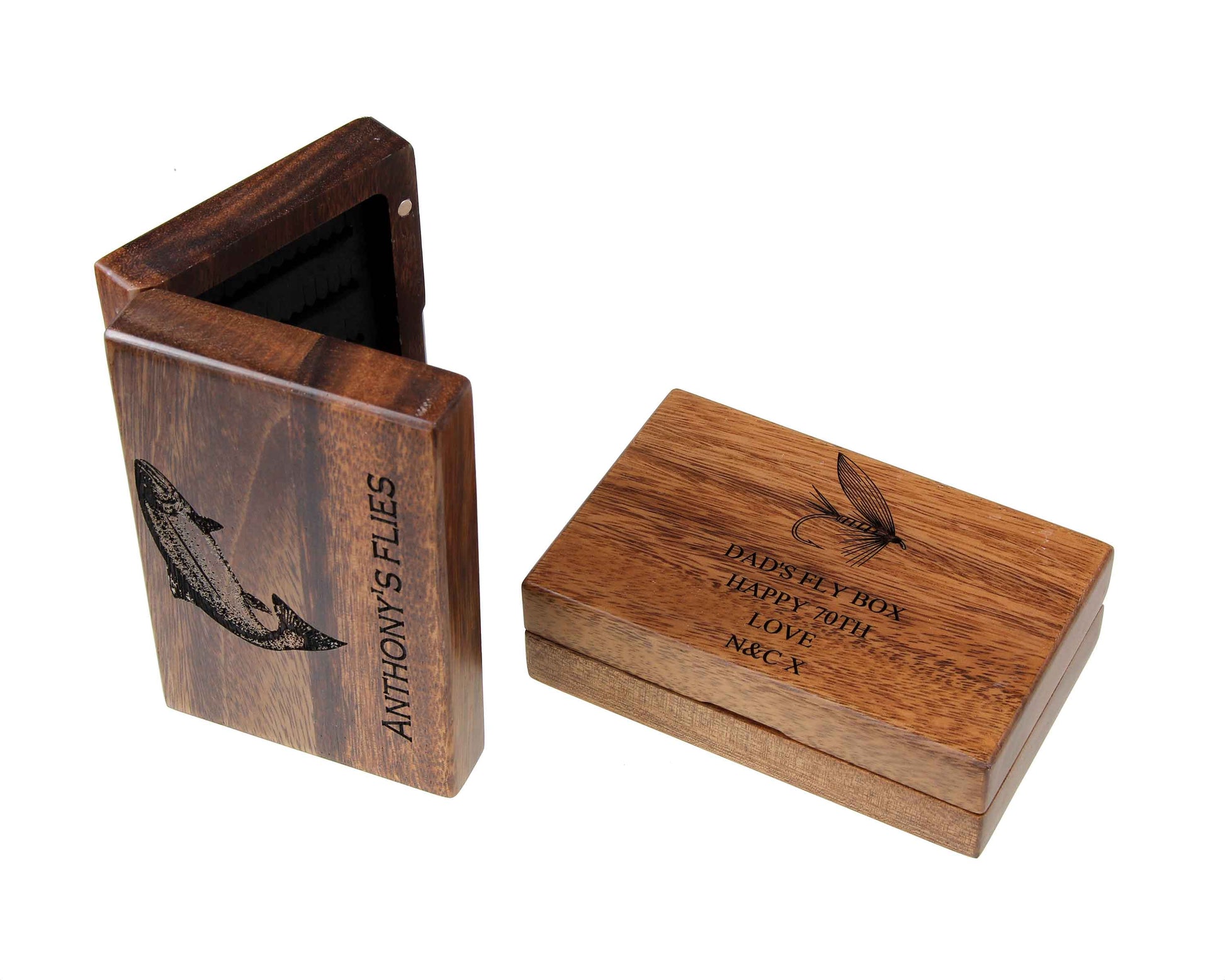 engraved fly fishing box Personalised Pocket Sized Walnut Fishing Fly Box