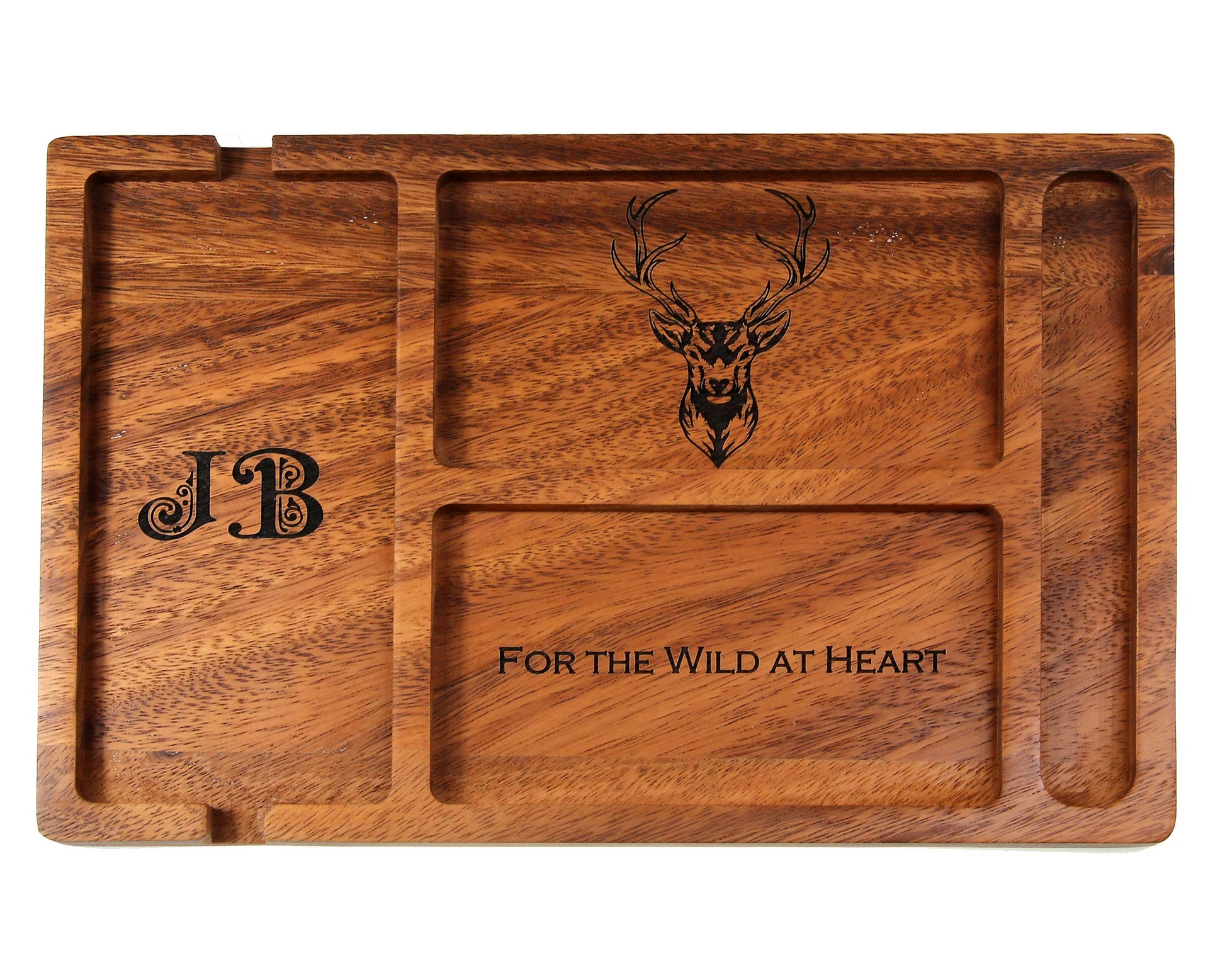 The Cathcart Elliot Personalised Walnut Wood Valet Tray for Men is a stylish organiser with multiple compartments for phone, wallet, keys, and watch. Custom engraved with initials, a stag head, and "FOR THE WILD AT HEART.