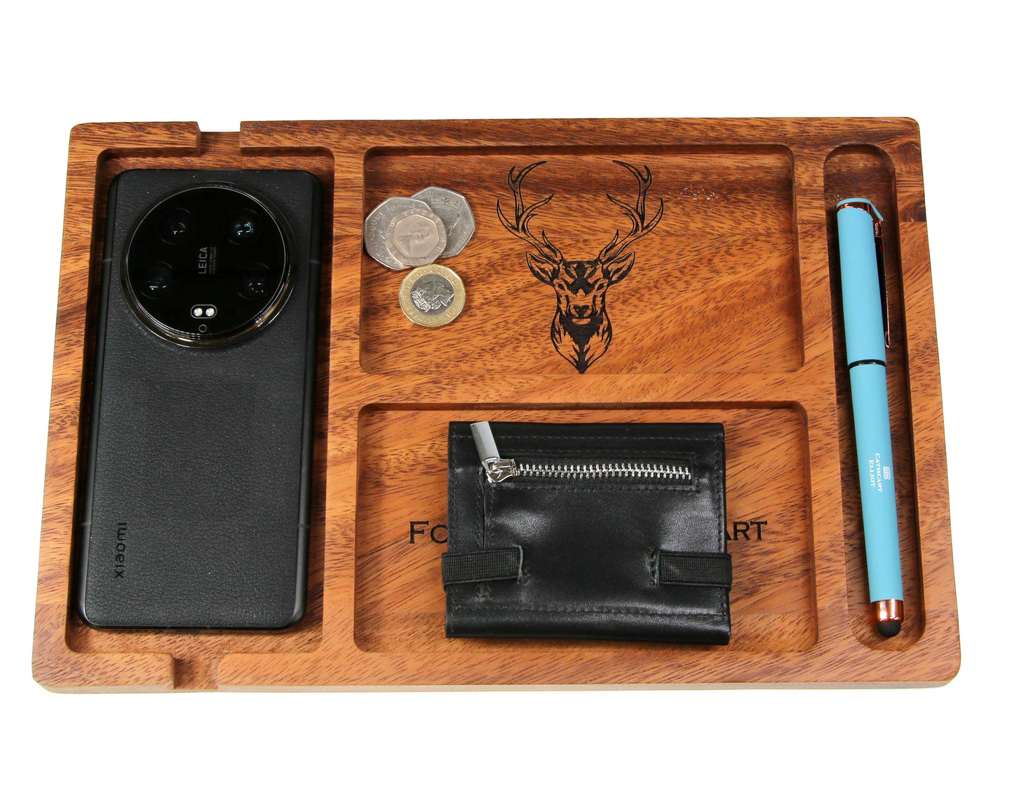 Personalised Walnut Wood Valet Tray for Men – Bedside Catchall Organiser for Phone, Wallet, Keys, Watch
