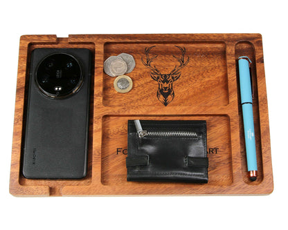 Personalised Walnut Wood Valet Tray for Men – Bedside Catchall Organiser for Phone, Wallet, Keys, Watch