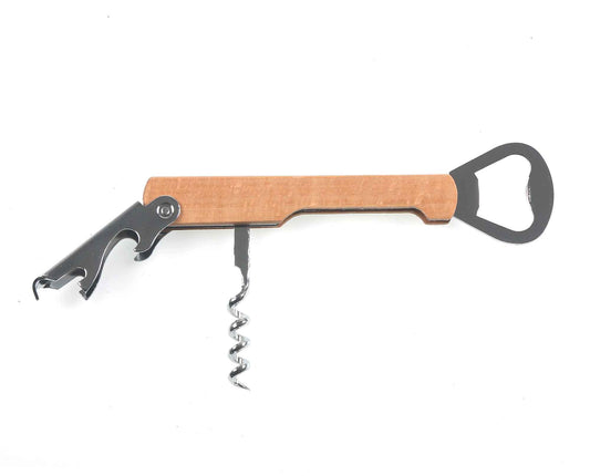 The Cathcart Elliot Personalised Wine Corkscrew and Bottle Opener with a beech wood handle is ideal as a gift. It features a corkscrew, foil cutter, and metal bottle cap opener, all neatly extended and visible.