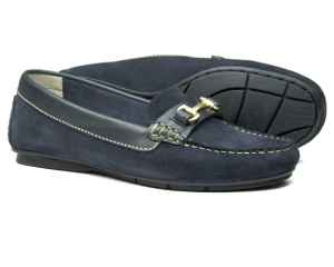 Womens Navy Blue Suede Buckle Loafer